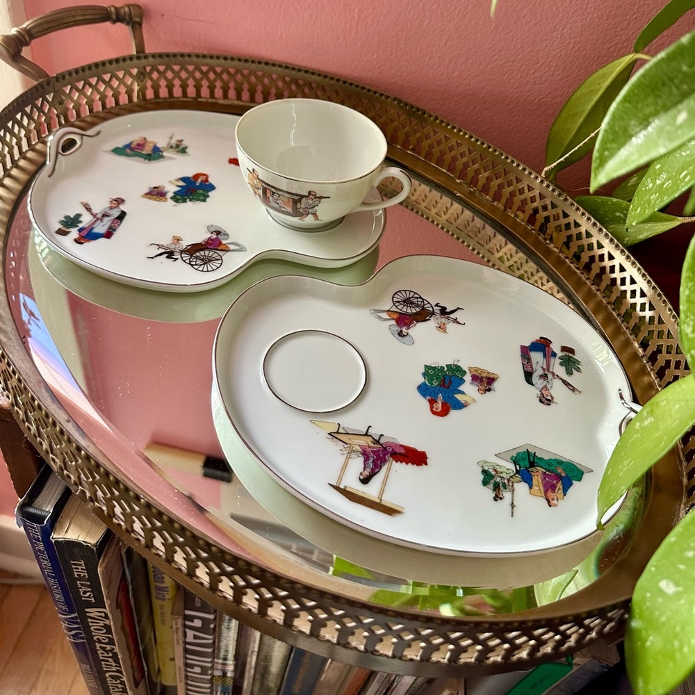 3 Piece Vintage Kutani Japan China Eggshell Ceramic Snack Plate and Cup Set